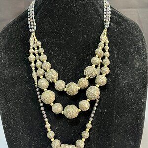 Sterling Silver Bali Bead necklace, Black Fresh Water Pearls and 14K gold clasps